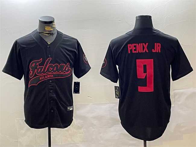 Mens Atlanta Falcons #9 Michael Penix Jr. Black With Patch Cool Base Stitched Baseball Jersey